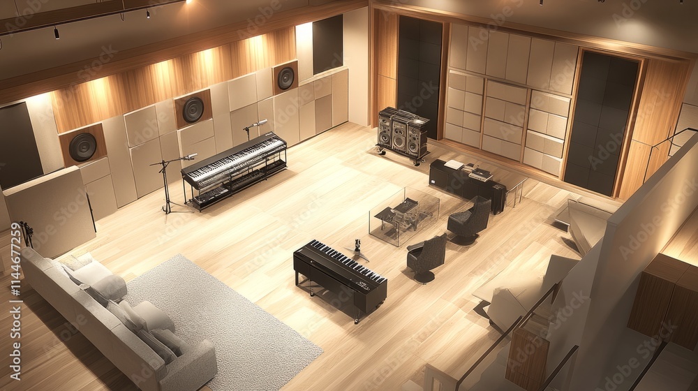 Architectural layouts for a premium music studio featuring soundproof panels, advanced acoustic engineering, and recording rooms