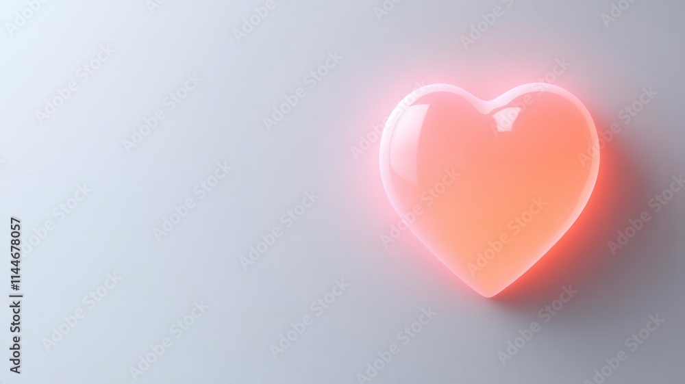 Modern Valentine design, single glowing pink heart on white space, soft shadows, minimal aesthetic, 3D illustration Modern Valentine design, single glowing pink heart on white space, soft shadows, minimal aesthetic, 3D illustration