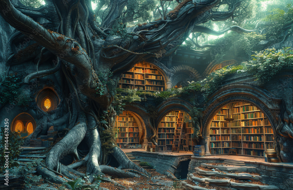 Fototapeta premium A tree with many branches and a lot of books. Scene is mysterious and intriguing