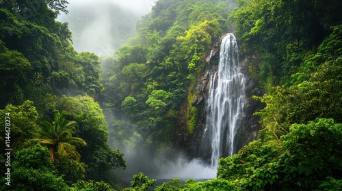 Cascading waterfall flows into serene pool surrounded by lush tropical foliage