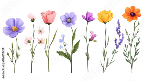 Colorful spring flowers in bloom on a white transparent PNG background.