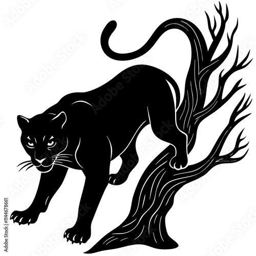 a black panther crawled down from the tree wanting to pounce, full body, dynamic gesture , good animal anatomy,