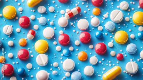 Colorful tablets and pills on a bright blue background
