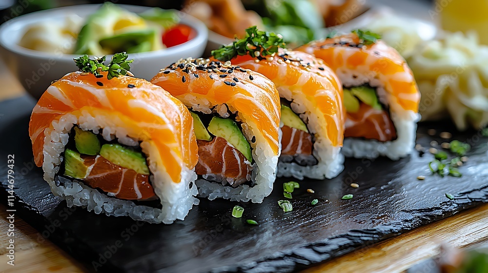 Healthy sushi rolls with fresh salmon and avocado culinary delight restaurant contemporary setting close-up super foods Healthy sushi rolls with fresh salmon and avocado culinary delight restaurant contemporary setting close-up super foods