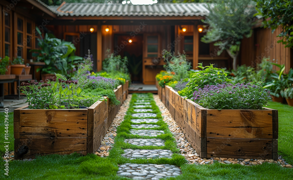 A garden with a path leading to it. The path is made of stones and the garden is filled with plants A garden with a path leading to it. The path is made of stones and the garden is filled with plants