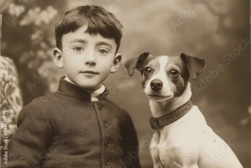 Vintage black and white photo of a boy in historical clothing with a small terrier dog.