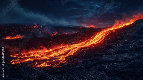 Fiery red lava stream illuminates dark landscape in an active volcanic area