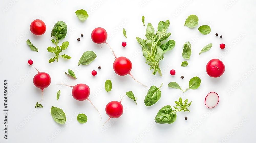 Vibrant red radishes with green leaves flat lay photo food mockup.. AI Generated Vibrant red radishes with green leaves flat lay photo food mockup.. AI Generated