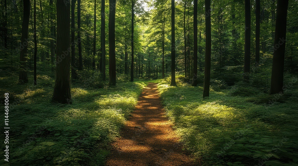 Fototapeta premium Lush forest path illuminated by dappled sunlight in a serene woodland setting