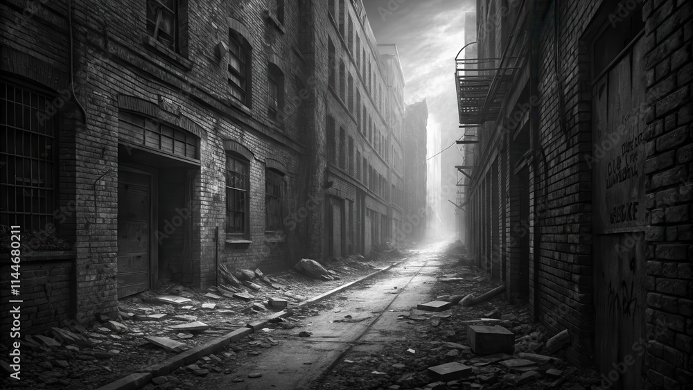 Melancholic Charcoal Drawing of Abandoned Urban Alley Melancholic Charcoal Drawing of Abandoned Urban Alley