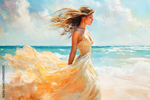 A serene woman strolling along the beach, her flowing white dress and windswept hair blending with the ocean breeze. A dreamy moment of grace, freedom, and coastal beauty.