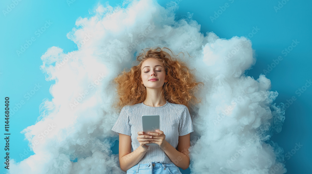 Dreamy Young Woman Relaxing in Soft White Clouds with Smartphone in Hands Surrounded by Vibrant Blue Sky Background Dreamy Young Woman Relaxing in Soft White Clouds with Smartphone in Hands Surrounded by Vibrant Blue Sky Background