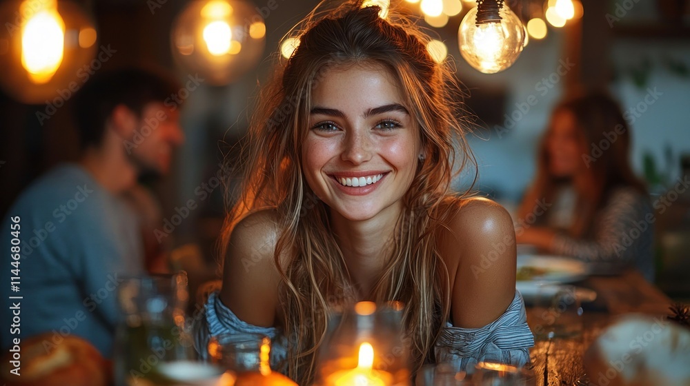 Smiling woman at a cozy dinner gathering with friends. Smiling woman at a cozy dinner gathering with friends.