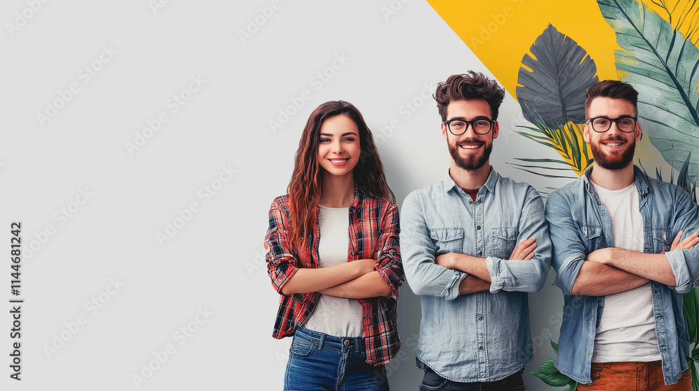 Three Young Adults Smiling Against a Colorful Wall with Green Leaves and Yellow Accents, Representing Friendship and Positivity in Creative Environment Three Young Adults Smiling Against a Colorful Wall with Green Leaves and Yellow Accents, Representing Friendship and Positivity in Creative Environment
