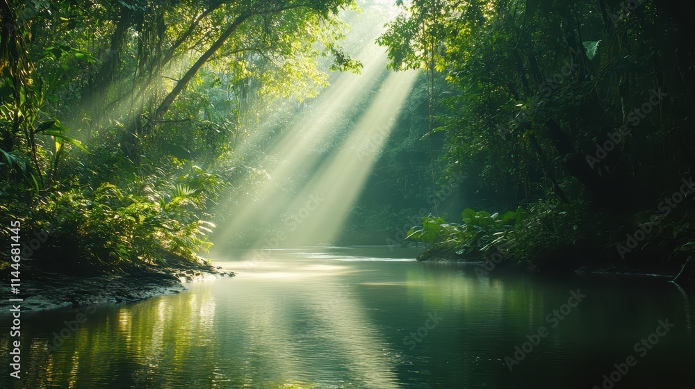 Slow-flowing river gracefully winding through a verdant forest at dawn Slow-flowing river gracefully winding through a verdant forest at dawn