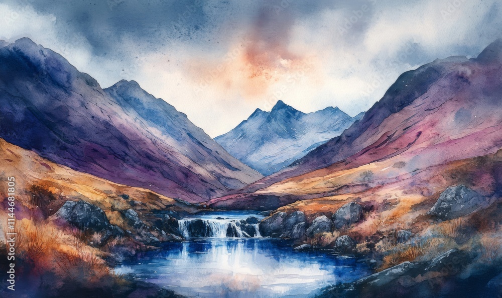 Watercolor Ethereal Beauty of Fairy Pools Under the Majestic Skye Mountains Watercolor Ethereal Beauty of Fairy Pools Under the Majestic Skye Mountains