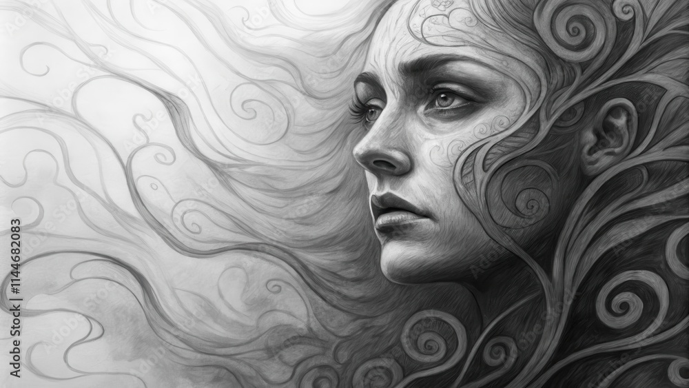 Surreal Charcoal Portrait of Human Face with Abstract Swirls Surreal Charcoal Portrait of Human Face with Abstract Swirls