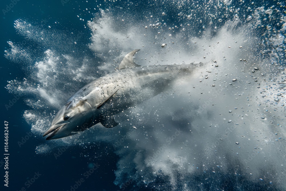 Fototapeta premium Dolphin Leaping, Underwater Photography. Dolphin Breaching Water Surface in Wild Nature, Bubbles.