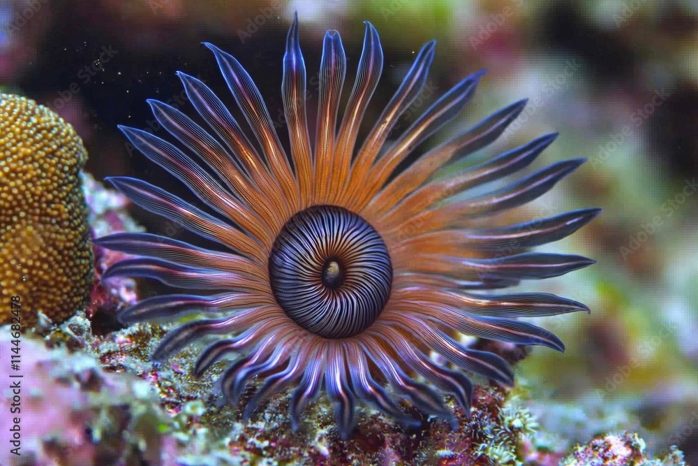 Fototapeta premium A Feather duster worm's tentacles form an almost perfect spiral as it grows on a coral reef in Indonesia