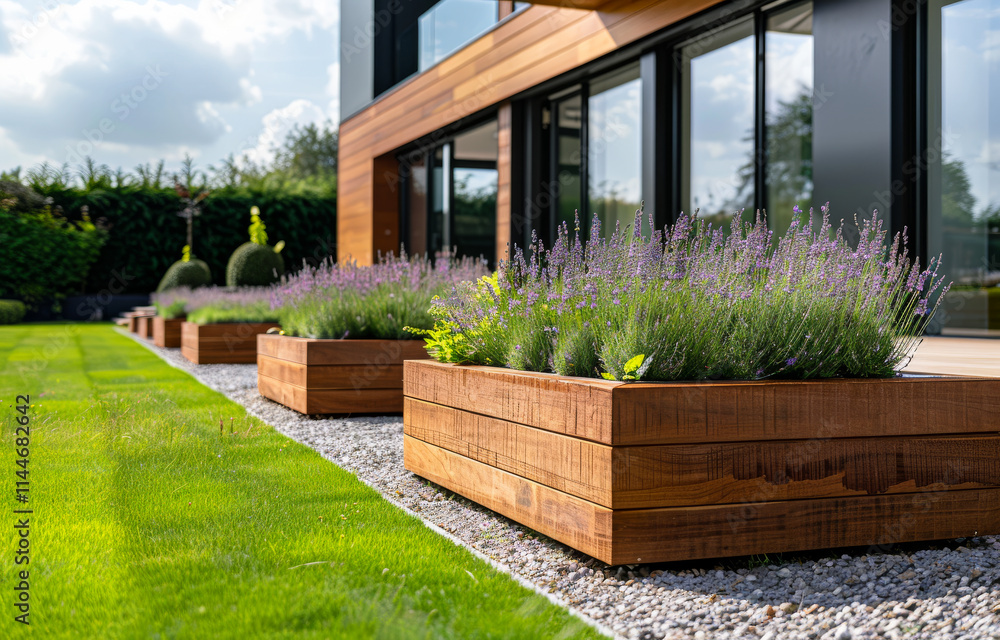 A row of wooden planters with purple flowers in them. The planters are arranged in a row and are placed on a gravel area A row of wooden planters with purple flowers in them. The planters are arranged in a row and are placed on a gravel area