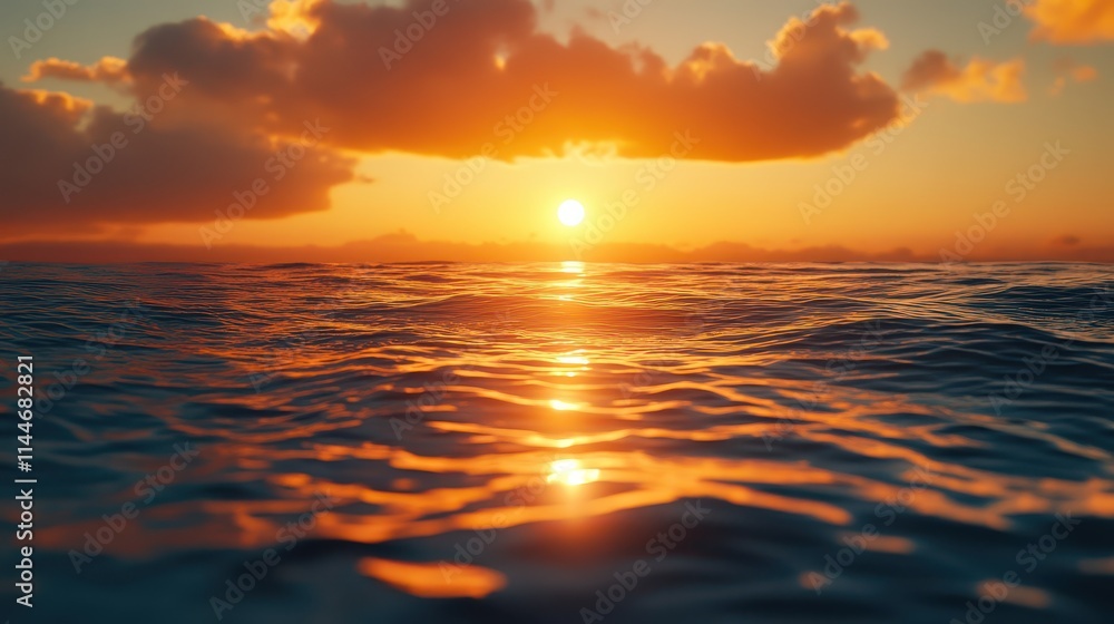Obraz premium Tranquil sea under a vibrant sunset with soft waves and colorful clouds on the horizon