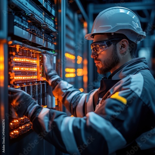 A technician in a hard hat and safety glasses works on a server rack, illuminated by glowing lights, showcasing a high-tech environment.