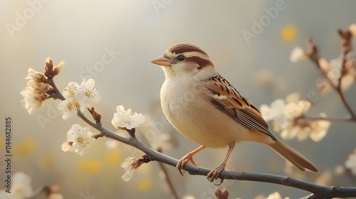 A small brown bird is perched on a branch of a tree