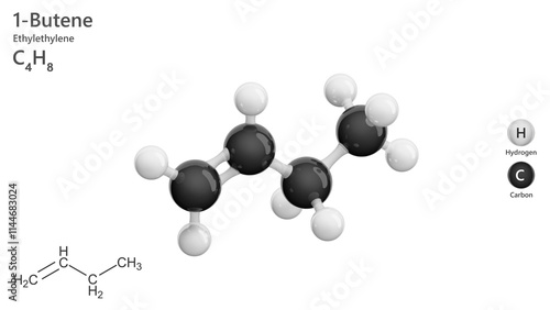 Molecule: 1-Butene. Alkene. Gas. Molecular structure. Formula: C4H8. Chemical model: Ball and stick. White background. 3D illustration. photo