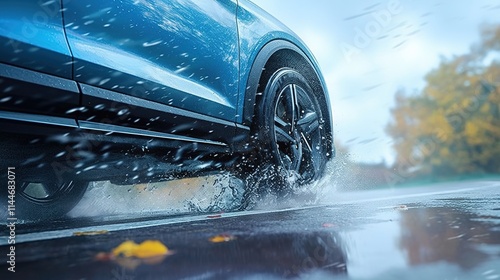 Close-up of a car wheel driving on a wet road in autumn, during rainy weather. Water splashes from the tire during a rainstorm. photo