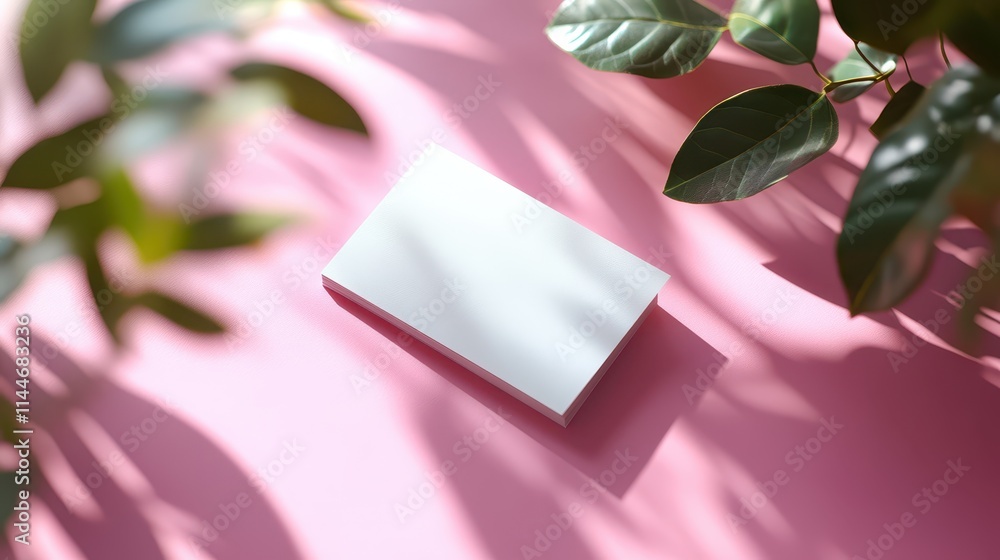 Fototapeta premium Business card mock-up showcased with plants on a bright surface for design inspiration