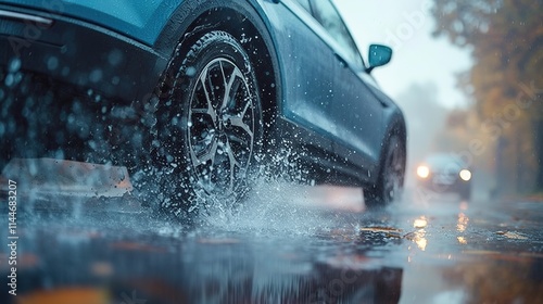 Close-up of a car wheel driving on a wet road in autumn, during rainy weather. Water splashes from the tire during a rainstorm. photo