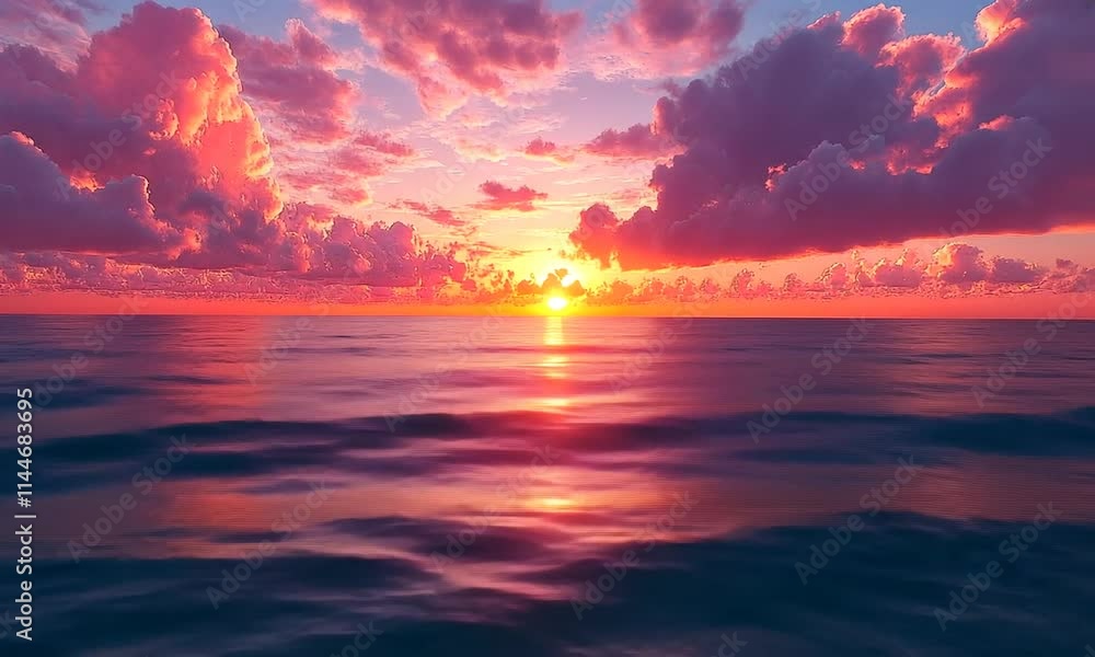 A vibrant sunset over the ocean, with colorful clouds reflecting on the water's surface. A vibrant sunset over the ocean, with colorful clouds reflecting on the water's surface.