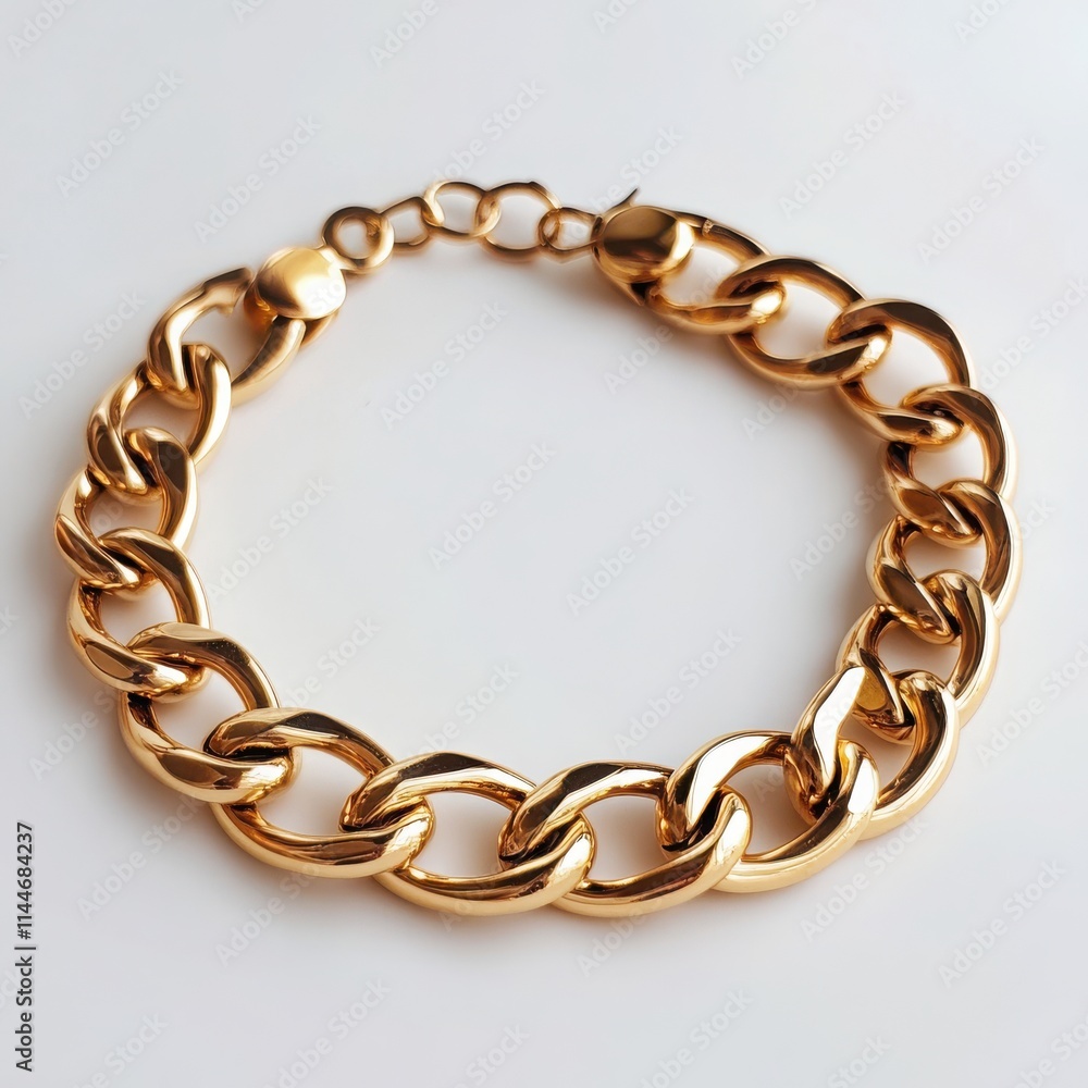 Obraz premium A gold chain bracelet with interlocking links and a subtle shine on a white background 