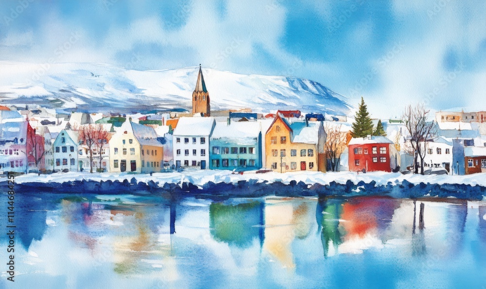 Naklejka premium Watercolor Reykjavik, capital city of Iceland, at winter