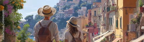 A couple wearing hats and backpacks is seen exploring a picturesque coastal town with colorful buildings, showcasing the essence of travel and adventure under a bright sky. photo