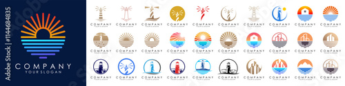 set of Lighthouses and ocean logo design. vector illustration