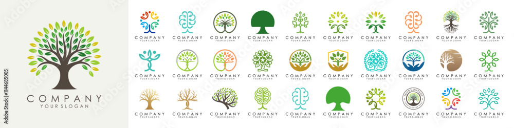 Naklejka premium set of creative tree logo design. Green Garden Vector Logo Template. vector illustration