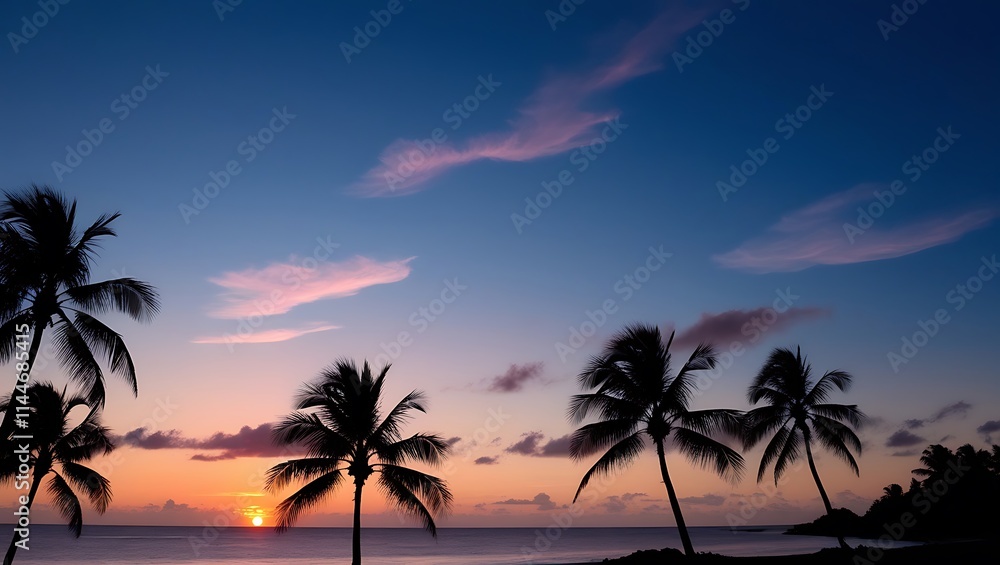 Beautiful sunset with palm tree, tree on the shore near the beach Beautiful sunset with palm tree, tree on the shore near the beach
