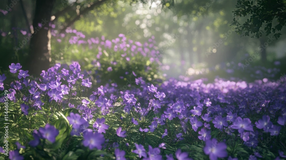 Naklejka premium Lush Green Garden with Blooming Purple Flowers Under Soft Sunlight