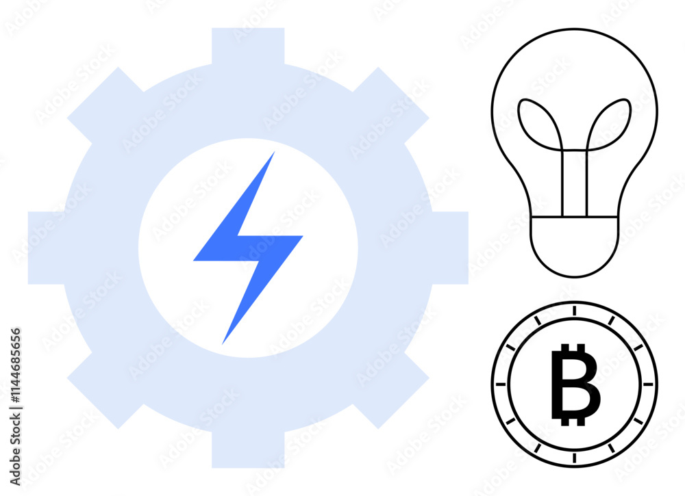 Light-blue gear with blue lightning bolt, black outline lightbulb, and bitcoin symbol. Ideal for energy, technology, innovation, cryptocurrency, renewable energy, startup, and digital transformation Light-blue gear with blue lightning bolt, black outline lightbulb, and bitcoin symbol. Ideal for energy, technology, innovation, cryptocurrency, renewable energy, startup, and digital transformation