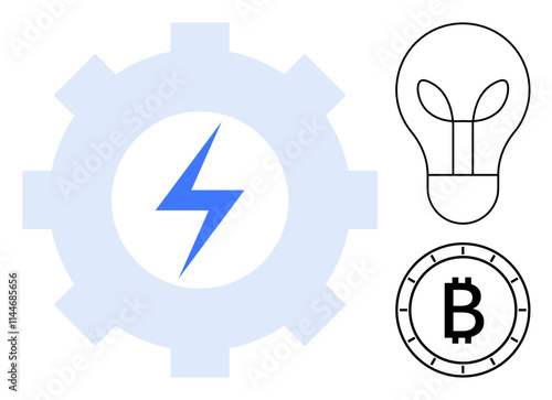 Light-blue gear with blue lightning bolt, black outline lightbulb, and bitcoin symbol. Ideal for energy, technology, innovation, cryptocurrency, renewable energy, startup, and digital transformation