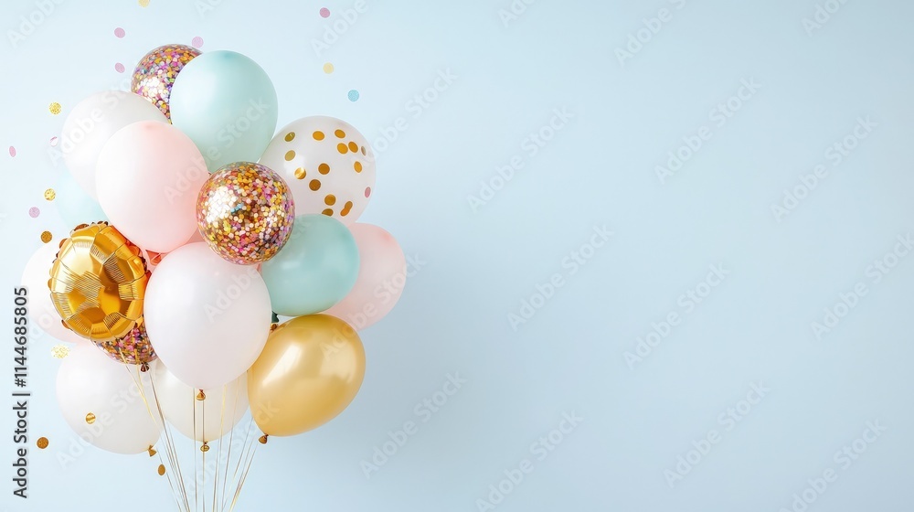 Pastel balloons and confetti on blue background. (1) Pastel balloons and confetti on blue background. (1)