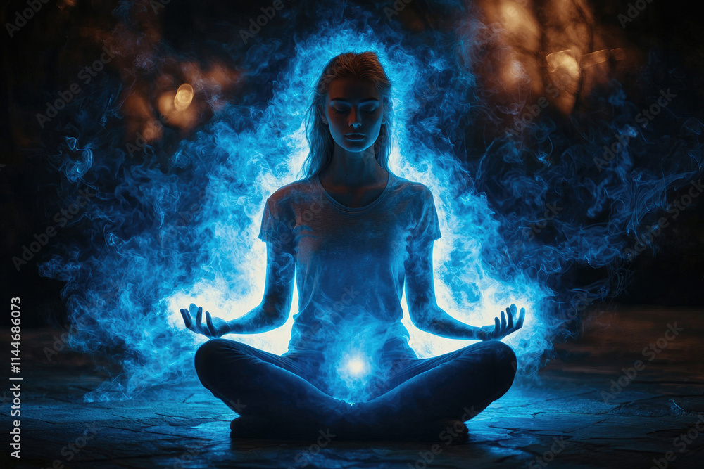 Young caucasian female meditating with blue aura in a mystical atmosphere Young caucasian female meditating with blue aura in a mystical atmosphere