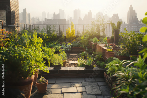 Urban rooftop garden thrives amidst city skyline, showcasing diverse plants in terracotta pots.