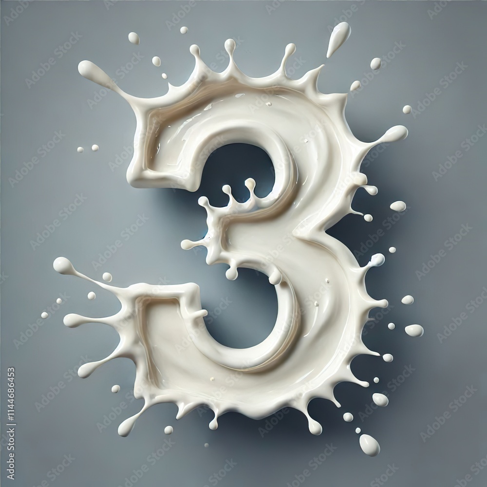 A 3D rendering shows the number three formed by a creamy white milk splash. The liquid creates a dynamic, splashy texture. The background is a muted grey. A 3D rendering shows the number three formed by a creamy white milk splash. The liquid creates a dynamic, splashy texture. The background is a muted grey.