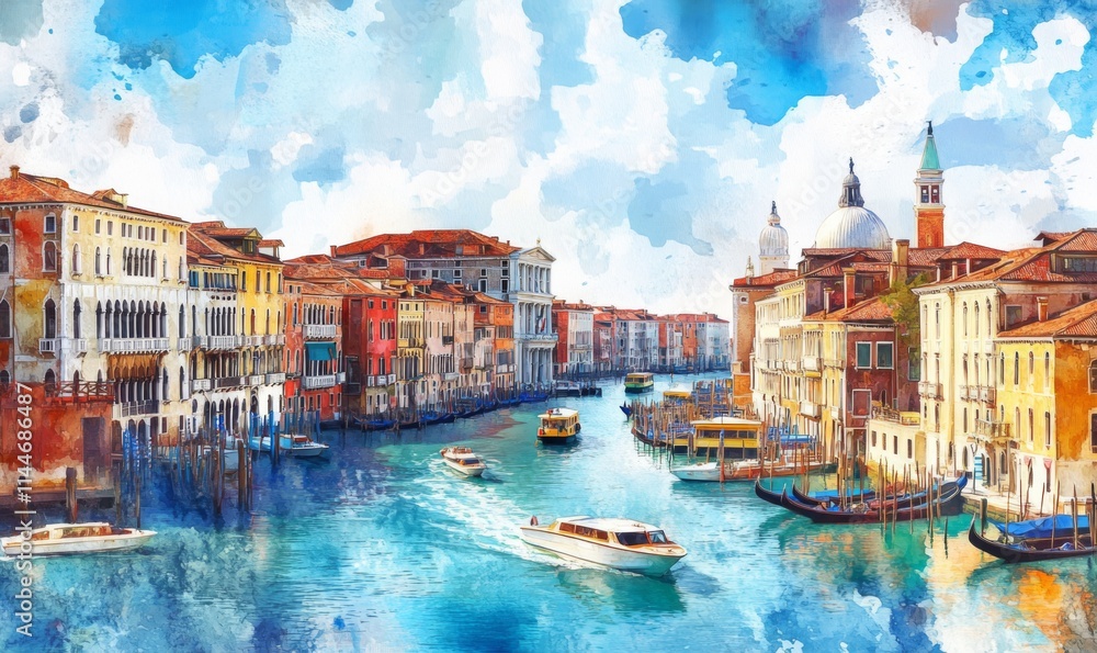 Fototapeta premium Watercolor Beautiful view of the Grand Canal with boats and colorful facades of old medieval houses from the Rialto Bridge in Venice, Italy. Venice is a popular