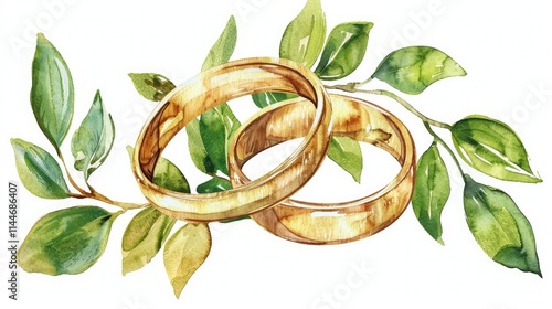 Two golden wedding rings with green leaves, watercolor clipart 