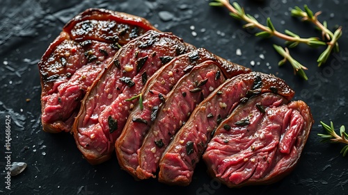 Grilled Ribeye Steak, Pepper Garlic Thyme, Dark Stone, Top View, High Definition photo