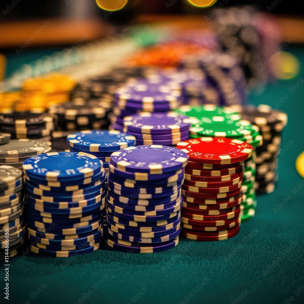 Stacks of Casino Chips in Various Colors on a Gaming Table, selective focus Stacks of Casino Chips in Various Colors on a Gaming Table, selective focus