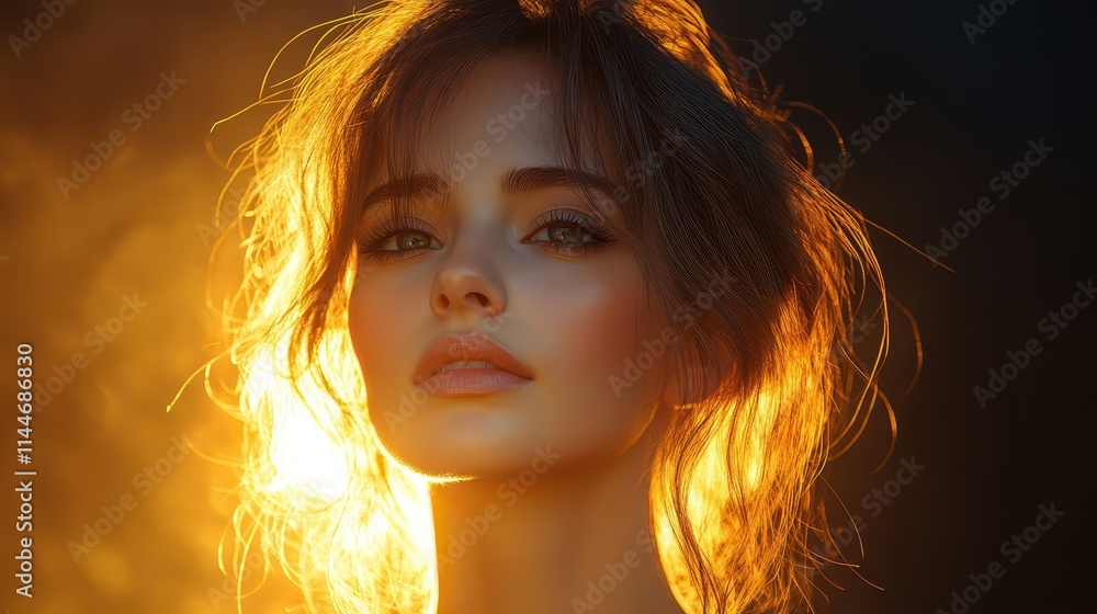 Portrait of a woman illuminated by warm backlight in a dark setting during sunset Portrait of a woman illuminated by warm backlight in a dark setting during sunset